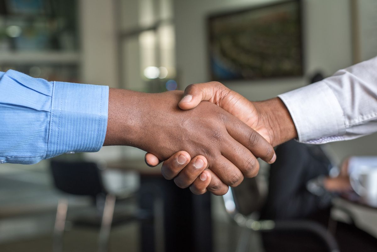 Professionals shaking hands in a partnership meeting