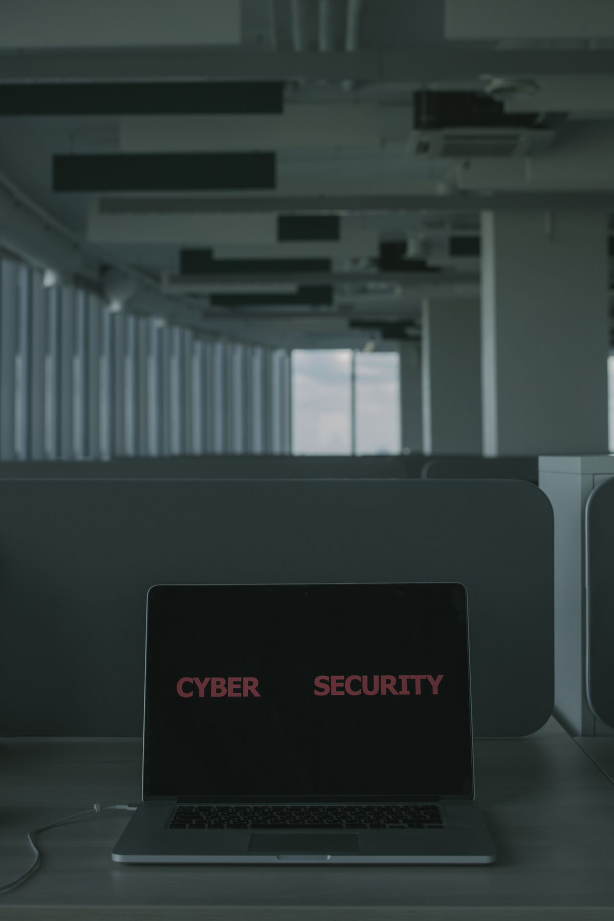 IT professional conducting a cybersecurity audit on a laptop in an office setting